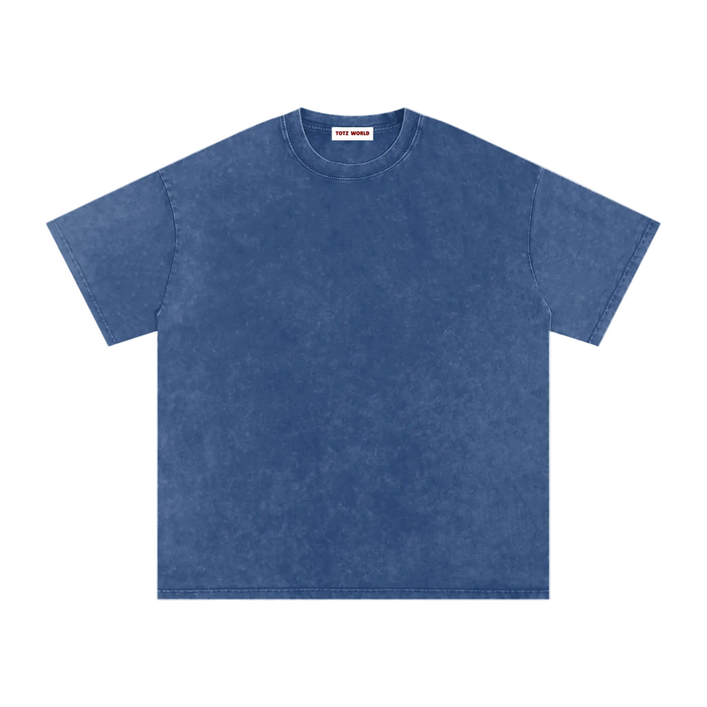 Blue TOTZ WORLD t-shirt with a Snow-wash fabric on a white background