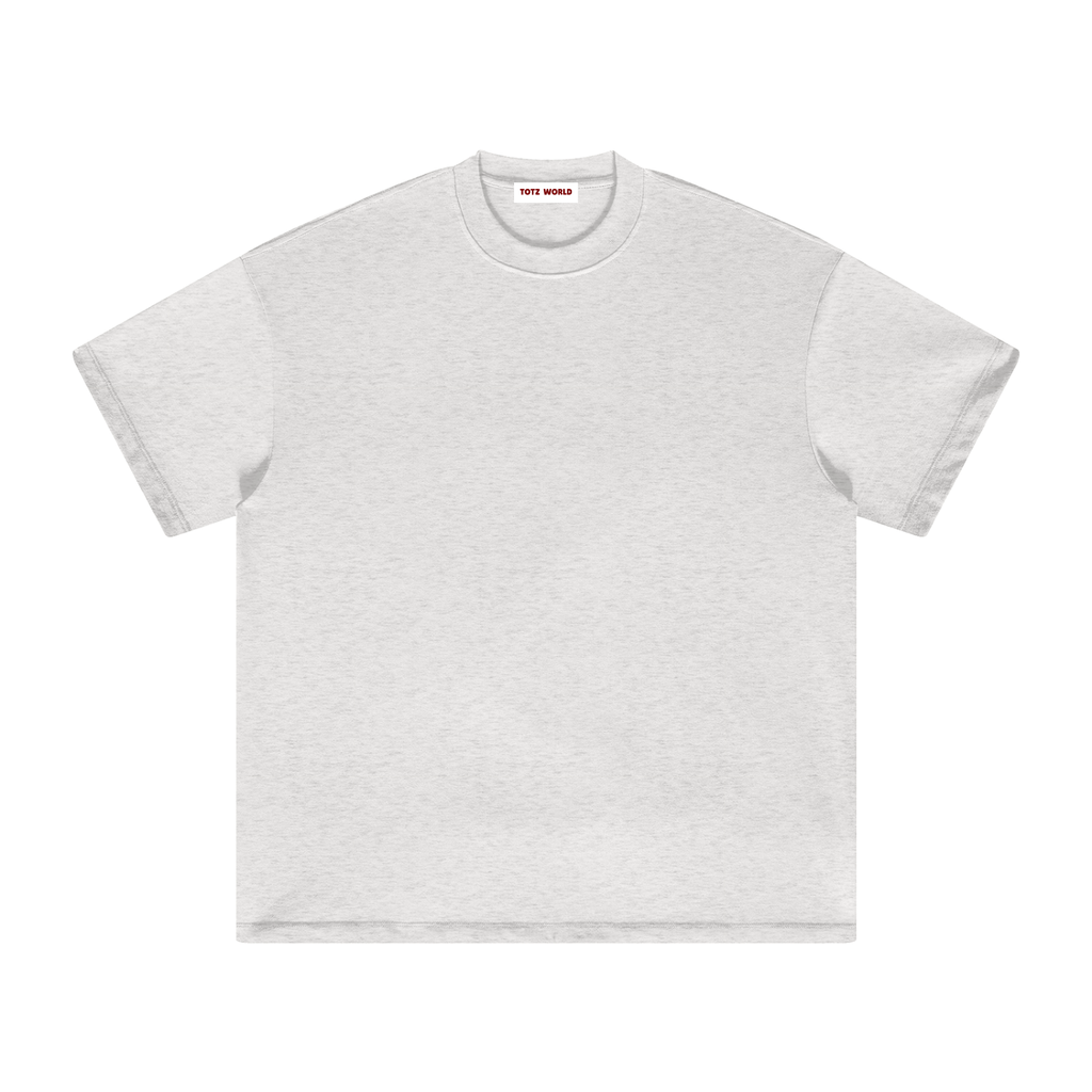 Oat gray TOTZ WORLD heavy weigh cotton premium  t-shirt on a white background