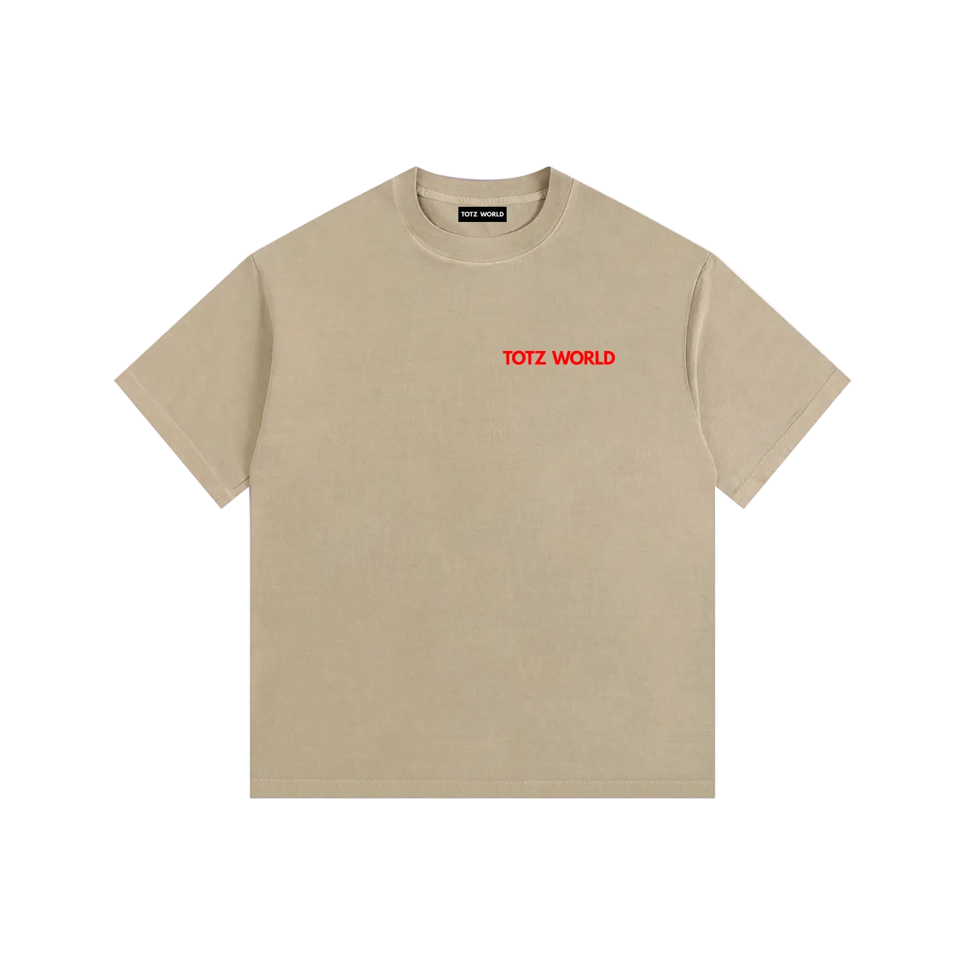 A beige short-sleeve crewneck t-shirt with 'TOTZ WORLD' printed in red across the chest, displayed flat against a solid white background.