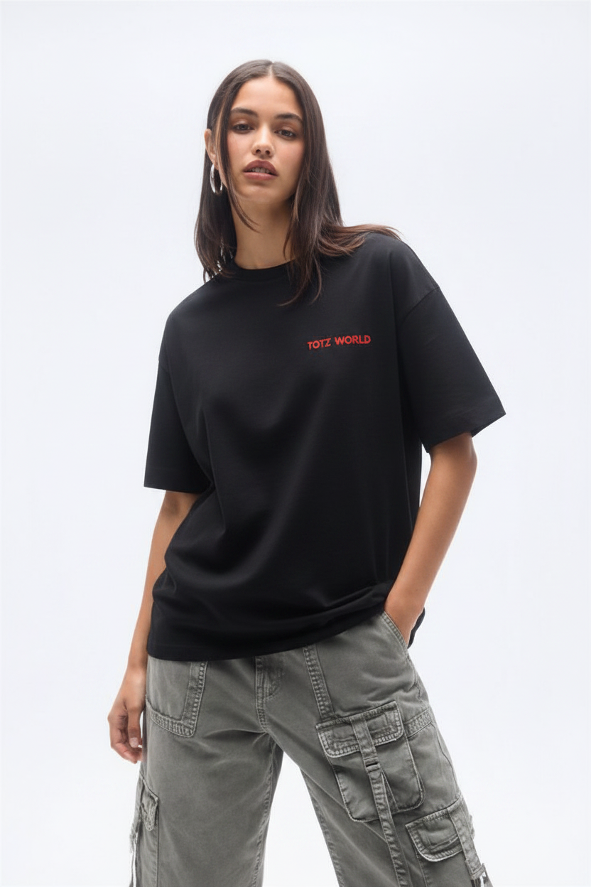Front-facing model, black tee, Totz World