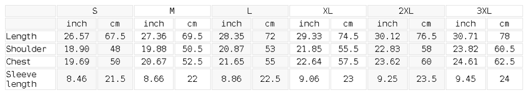 Measurement chart for clothing sizes with inch and cm measurements.