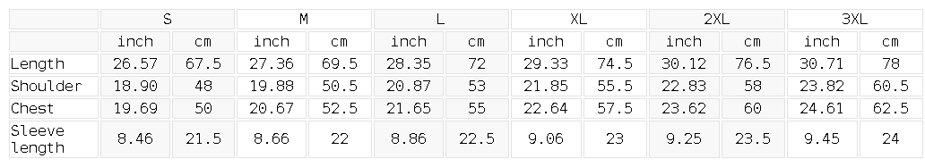 Measurement chart for clothing sizes with inch and cm measurements.