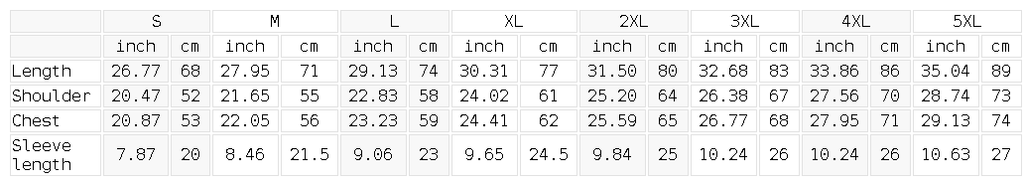 Measurement chart for sleeve length and shoulder width in inches and centimeters.